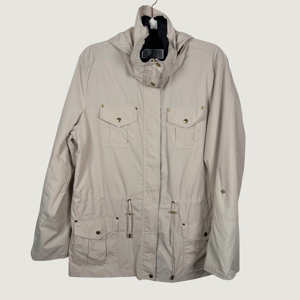 JM Collection Womens M Jacket Beige Tan Hooded Drawstring Utility Windbreaker